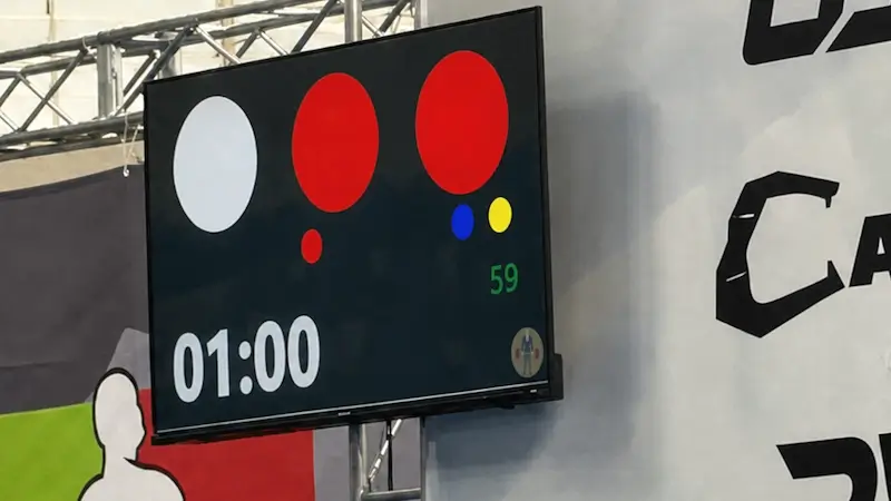 Three IPF referee cards showing red, blue, and yellow decisions.
