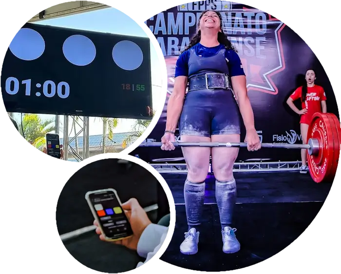 EasyLifter Referee Lights System showing referee lights at a powerlifting meet